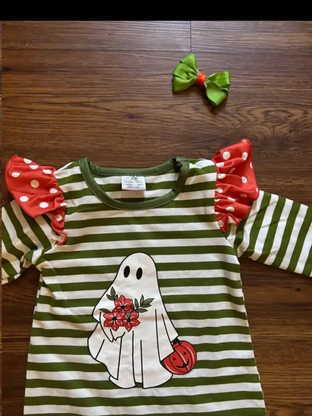 Girls Green Stripe Ghost Halloween Costume Romper with Red Accents